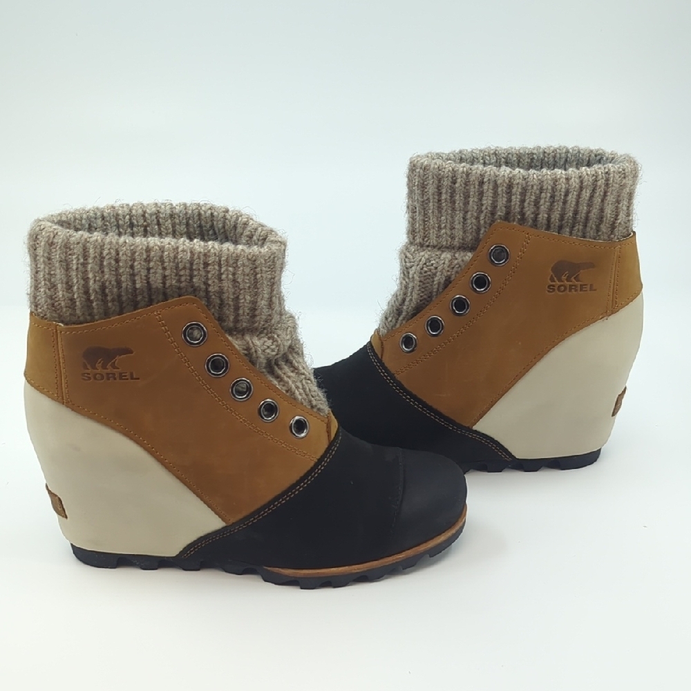 SOREL Joanie Sweater Wedge Boots Black, Tan, Cream Chelsea Style Sz 8 - Picture 7 of 10